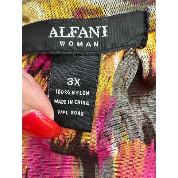 Alfani 3X blouse vibrant abstract floral ikat yellow orange pink 3/4 sleeve - Picture 3 of 6